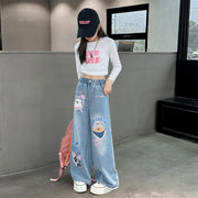 2024 Cartoon Fashion Pattern Jeans for Girl Loose Straight Denim Pants Lovely Print Kids Spring Autumn