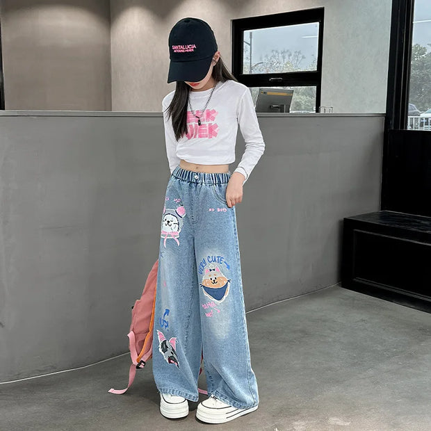2024 Cartoon Fashion Pattern Jeans for Girl Loose Straight Denim Pants Lovely Print Kids Spring Autumn