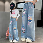 2024 Cartoon Fashion Pattern Jeans for Girl Loose Straight Denim Pants Lovely Print Kids Spring Autumn