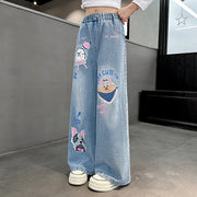 2024 Cartoon Fashion Pattern Jeans for Girl Loose Straight Denim Pants Lovely Print Kids Spring Autumn
