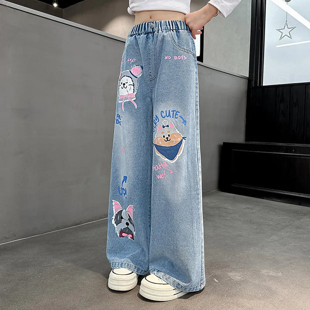 2024 Cartoon Fashion Pattern Jeans for Girl Loose Straight Denim Pants Lovely Print Kids Spring Autumn