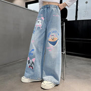 2024 Cartoon Fashion Pattern Jeans for Girl Loose Straight Denim Pants Lovely Print Kids Spring Autumn
