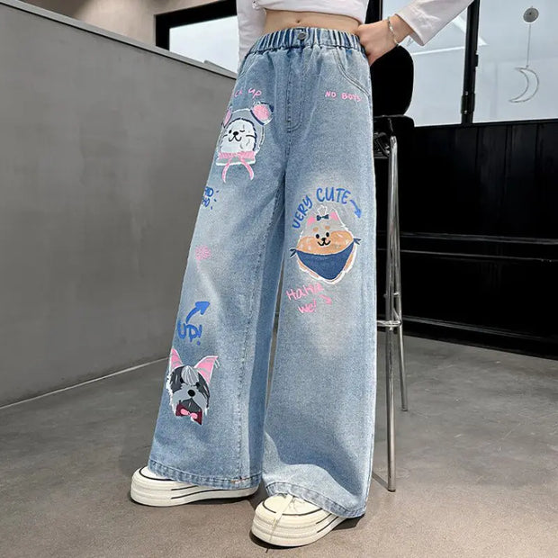 2024 Cartoon Fashion Pattern Jeans for Girl Loose Straight Denim Pants Lovely Print Kids Spring Autumn