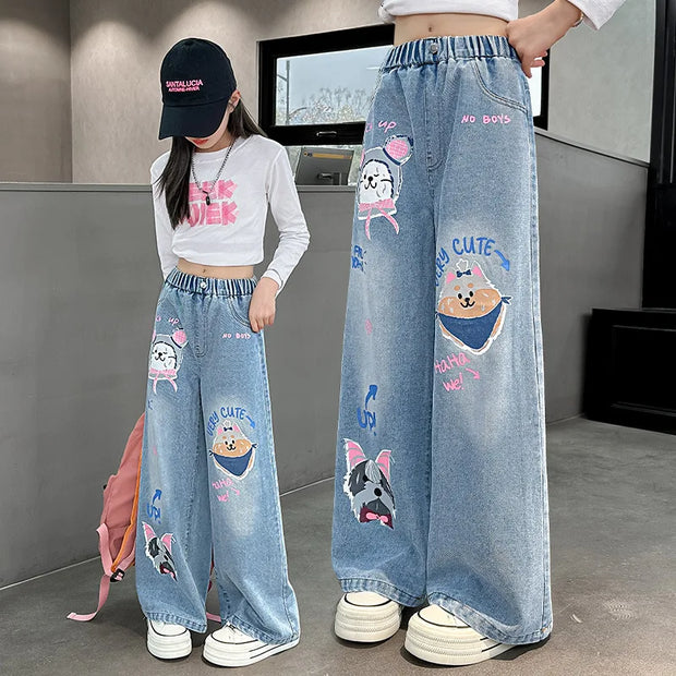 2024 Cartoon Fashion Pattern Jeans for Girl Loose Straight Denim Pants Lovely Print Kids Spring Autumn