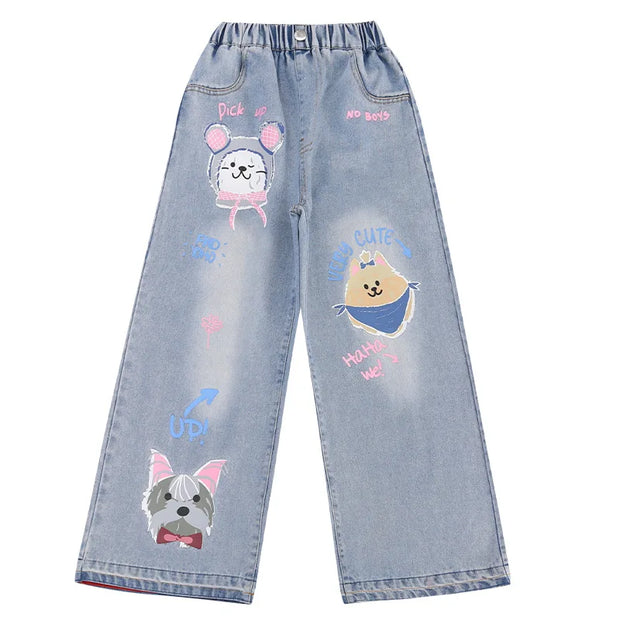 2024 Cartoon Fashion Pattern Jeans for Girl Loose Straight Denim Pants Lovely Print Kids Spring Autumn
