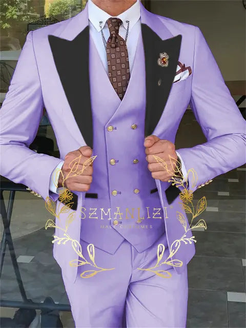Latest Fashion 3 Pieces Sets Single Breasted Groommen Beige Groom Tuxedo Black Peak Lapel Men Suits Wedding Best Man Blazer