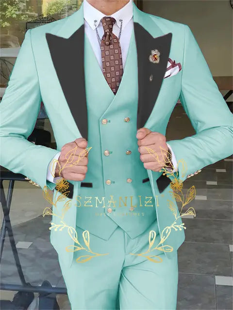 Latest Fashion 3 Pieces Sets Single Breasted Groommen Beige Groom Tuxedo Black Peak Lapel Men Suits Wedding Best Man Blazer
