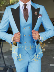 Latest Fashion 3 Pieces Sets Single Breasted Groommen Beige Groom Tuxedo Black Peak Lapel Men Suits Wedding Best Man Blazer