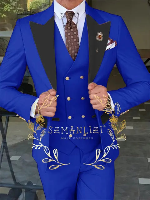 Latest Fashion 3 Pieces Sets Single Breasted Groommen Beige Groom Tuxedo Black Peak Lapel Men Suits Wedding Best Man Blazer