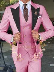 Latest Fashion 3 Pieces Sets Single Breasted Groommen Beige Groom Tuxedo Black Peak Lapel Men Suits Wedding Best Man Blazer
