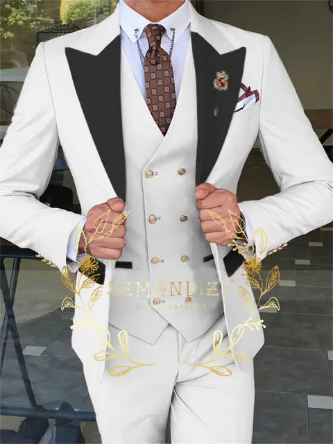 Latest Fashion 3 Pieces Sets Single Breasted Groommen Beige Groom Tuxedo Black Peak Lapel Men Suits Wedding Best Man Blazer