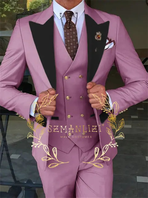 Latest Fashion 3 Pieces Sets Single Breasted Groommen Beige Groom Tuxedo Black Peak Lapel Men Suits Wedding Best Man Blazer