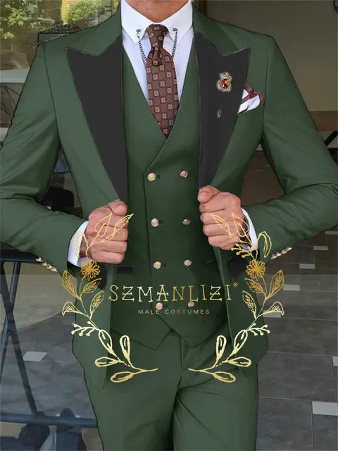 Latest Fashion 3 Pieces Sets Single Breasted Groommen Beige Groom Tuxedo Black Peak Lapel Men Suits Wedding Best Man Blazer