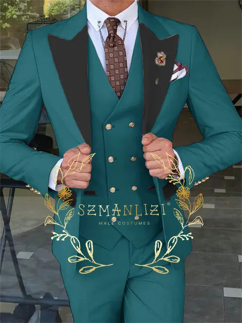 Latest Fashion 3 Pieces Sets Single Breasted Groommen Beige Groom Tuxedo Black Peak Lapel Men Suits Wedding Best Man Blazer