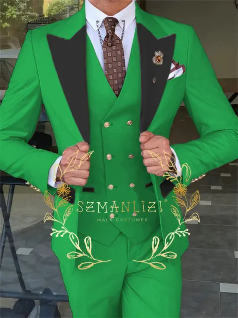 Latest Fashion 3 Pieces Sets Single Breasted Groommen Beige Groom Tuxedo Black Peak Lapel Men Suits Wedding Best Man Blazer