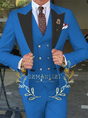 Latest Fashion 3 Pieces Sets Single Breasted Groommen Beige Groom Tuxedo Black Peak Lapel Men Suits Wedding Best Man Blazer