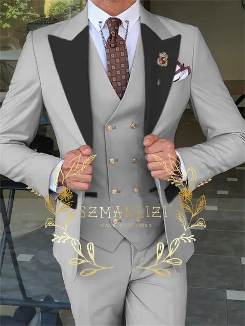 Latest Fashion 3 Pieces Sets Single Breasted Groommen Beige Groom Tuxedo Black Peak Lapel Men Suits Wedding Best Man Blazer