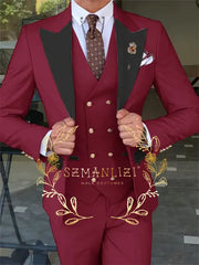 Latest Fashion 3 Pieces Sets Single Breasted Groommen Beige Groom Tuxedo Black Peak Lapel Men Suits Wedding Best Man Blazer