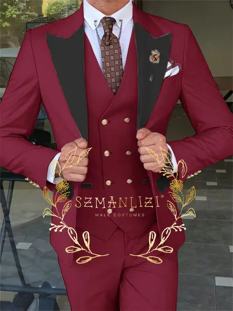 Latest Fashion 3 Pieces Sets Single Breasted Groommen Beige Groom Tuxedo Black Peak Lapel Men Suits Wedding Best Man Blazer