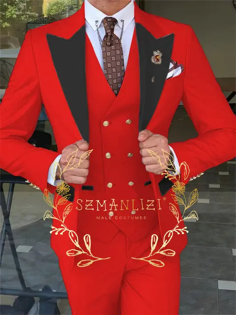 Latest Fashion 3 Pieces Sets Single Breasted Groommen Beige Groom Tuxedo Black Peak Lapel Men Suits Wedding Best Man Blazer