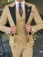 Latest Fashion 3 Pieces Sets Single Breasted Groommen Beige Groom Tuxedo Black Peak Lapel Men Suits Wedding Best Man Blazer