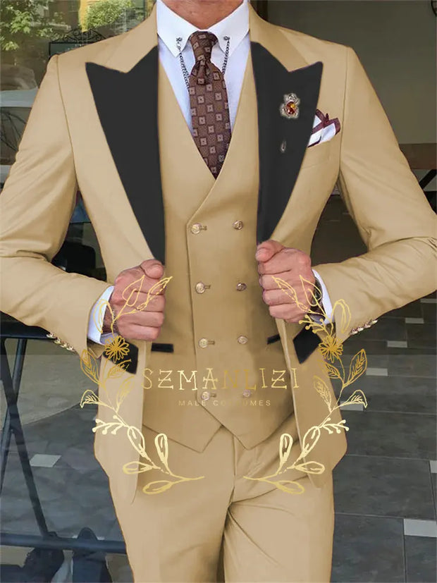 Latest Fashion 3 Pieces Sets Single Breasted Groommen Beige Groom Tuxedo Black Peak Lapel Men Suits Wedding Best Man Blazer