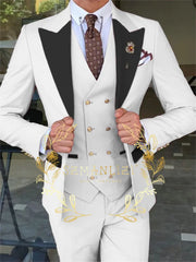 Latest Fashion 3 Pieces Sets Single Breasted Groommen Beige Groom Tuxedo Black Peak Lapel Men Suits Wedding Best Man Blazer