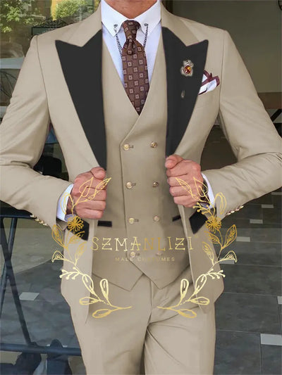Latest Fashion 3 Pieces Sets Single Breasted Groommen Beige Groom Tuxedo Black Peak Lapel Men Suits Wedding Best Man Blazer