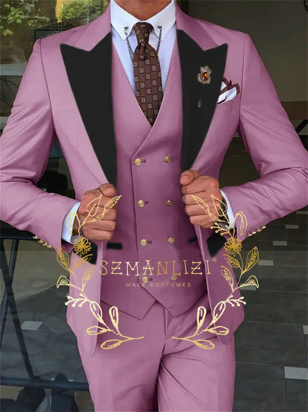 Latest Fashion 3 Pieces Sets Single Breasted Groommen Beige Groom Tuxedo Black Peak Lapel Men Suits Wedding Best Man Blazer