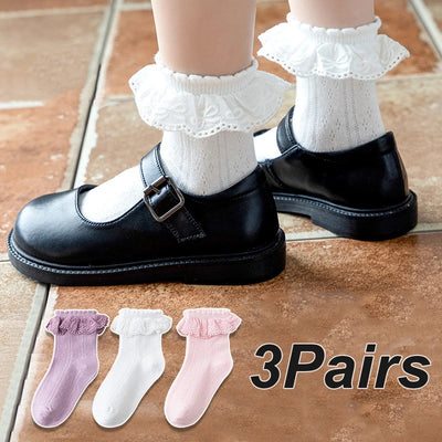 3Pairs/set Kids Girls Ankle Sock Princess Ruffle White Lace Calf Sock for Baby Spring Autumn Cotton Soft Frilly Children Socks