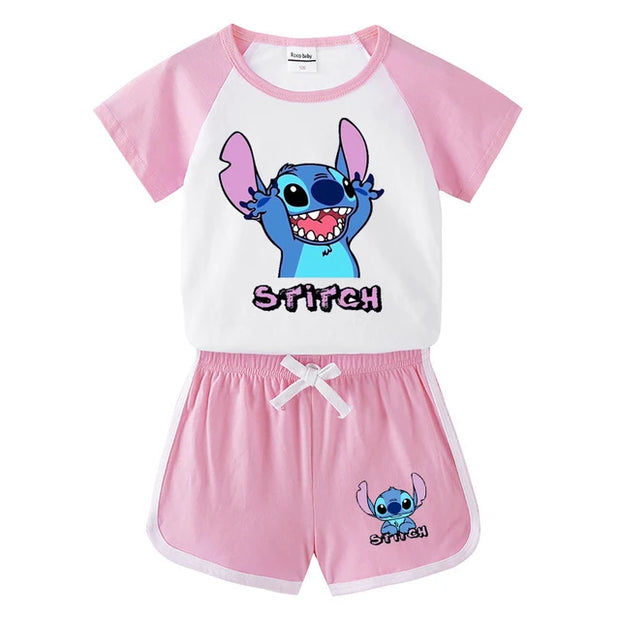 Children Summer Cartoon Sets Toddler Boy Girl Stitch  Printing Cotton T-shirts and Shorts 2pcs Set Kids Casual Tracksuits Suits