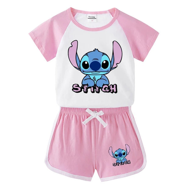 Children Summer Cartoon Sets Toddler Boy Girl Stitch  Printing Cotton T-shirts and Shorts 2pcs Set Kids Casual Tracksuits Suits