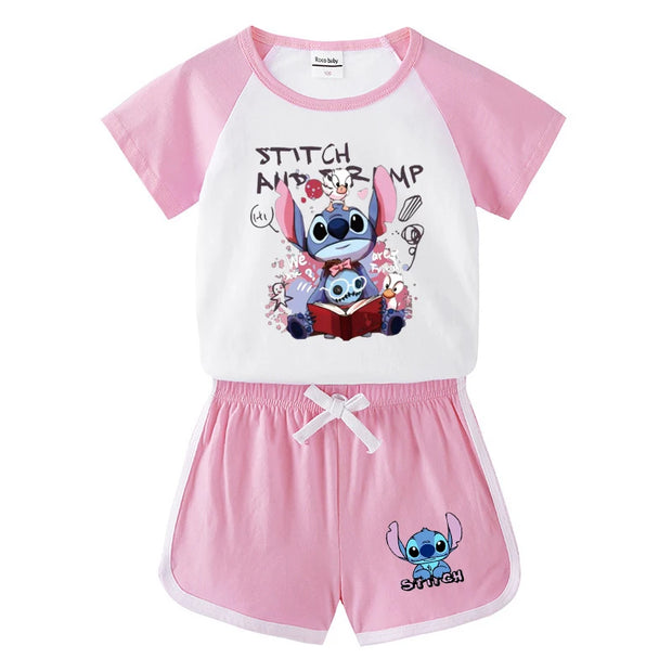 Children Summer Cartoon Sets Toddler Boy Girl Stitch  Printing Cotton T-shirts and Shorts 2pcs Set Kids Casual Tracksuits Suits