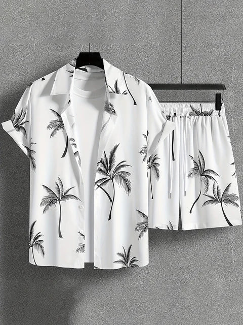 Coconut Tree Print Men's Short Sleeve Shirt And Beach Shorts Set Summer Everyday Men's Casual Shirt Hawaiian Style Men's Shorts