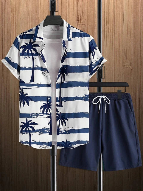 Coconut Tree Print Men's Short Sleeve Shirt And Beach Shorts Set Summer Everyday Men's Casual Shirt Hawaiian Style Men's Shorts