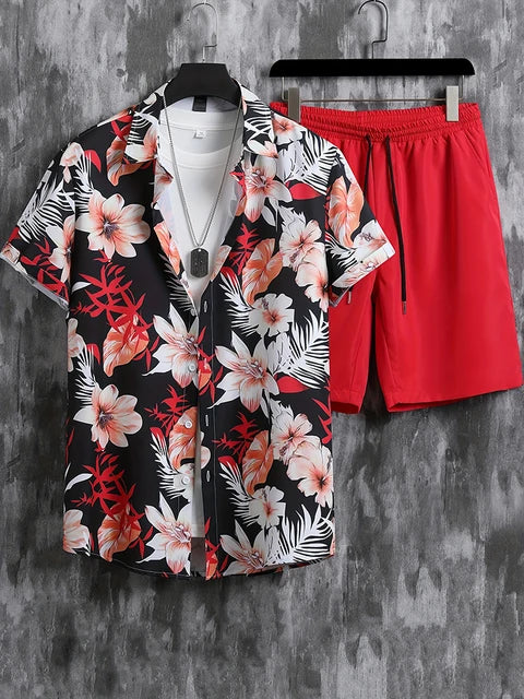Coconut Tree Print Men's Short Sleeve Shirt And Beach Shorts Set Summer Everyday Men's Casual Shirt Hawaiian Style Men's Shorts