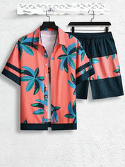 Coconut Tree Print Men's Short Sleeve Shirt And Beach Shorts Set Summer Everyday Men's Casual Shirt Hawaiian Style Men's Shorts