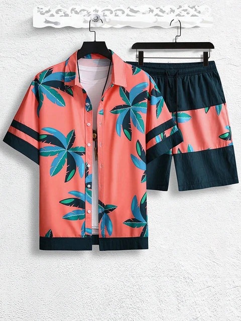 Coconut Tree Print Men's Short Sleeve Shirt And Beach Shorts Set Summer Everyday Men's Casual Shirt Hawaiian Style Men's Shorts