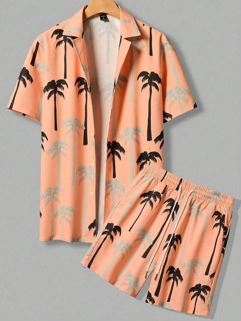 Coconut Tree Print Men's Short Sleeve Shirt And Beach Shorts Set Summer Everyday Men's Casual Shirt Hawaiian Style Men's Shorts