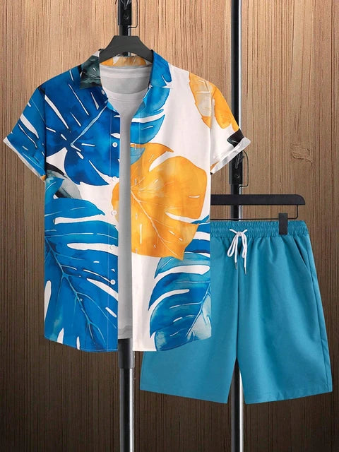Coconut Tree Print Men's Short Sleeve Shirt And Beach Shorts Set Summer Everyday Men's Casual Shirt Hawaiian Style Men's Shorts