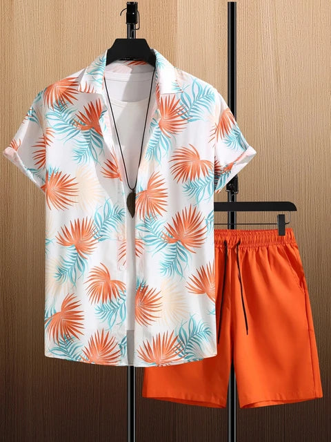 Coconut Tree Print Men's Short Sleeve Shirt And Beach Shorts Set Summer Everyday Men's Casual Shirt Hawaiian Style Men's Shorts