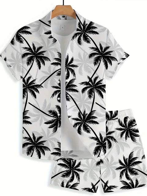 Coconut Tree Print Men's Short Sleeve Shirt And Beach Shorts Set Summer Everyday Men's Casual Shirt Hawaiian Style Men's Shorts