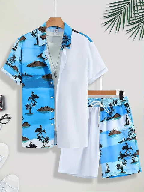 Coconut Tree Print Men's Short Sleeve Shirt And Beach Shorts Set Summer Everyday Men's Casual Shirt Hawaiian Style Men's Shorts