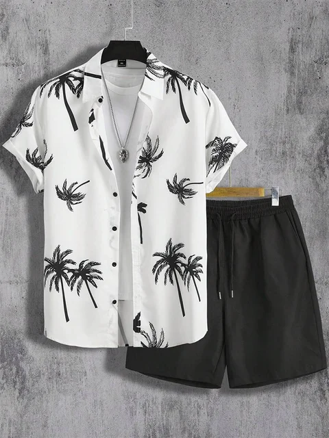 Coconut Tree Print Men's Short Sleeve Shirt And Beach Shorts Set Summer Everyday Men's Casual Shirt Hawaiian Style Men's Shorts