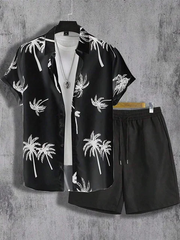 Coconut Tree Print Men's Short Sleeve Shirt And Beach Shorts Set Summer Everyday Men's Casual Shirt Hawaiian Style Men's Shorts