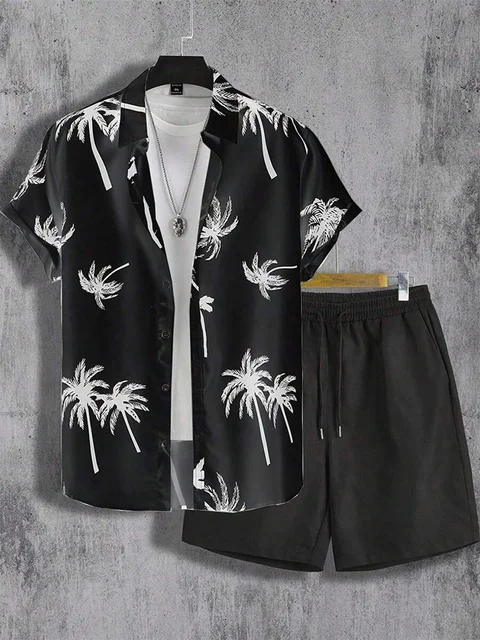 Coconut Tree Print Men's Short Sleeve Shirt And Beach Shorts Set Summer Everyday Men's Casual Shirt Hawaiian Style Men's Shorts