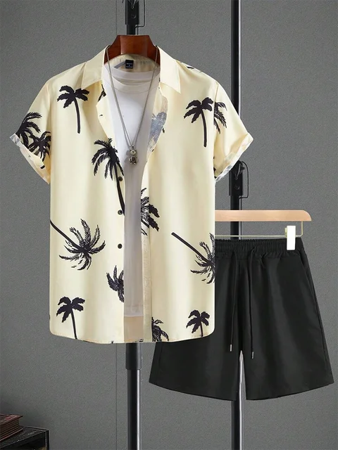 Coconut Tree Print Men's Short Sleeve Shirt And Beach Shorts Set Summer Everyday Men's Casual Shirt Hawaiian Style Men's Shorts