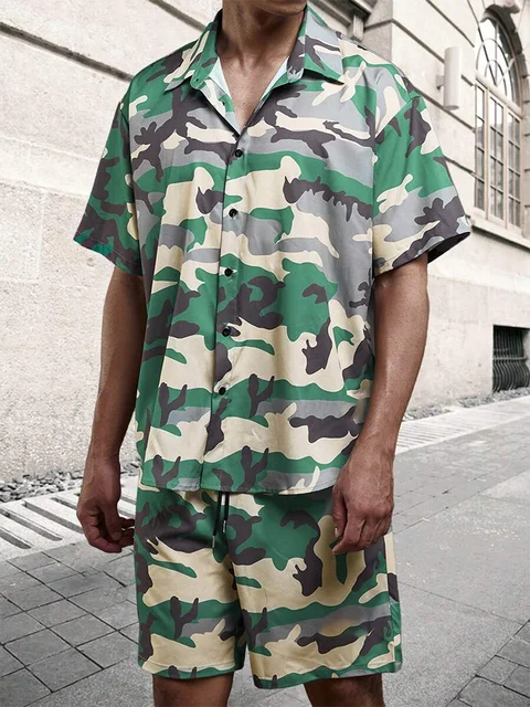 Coconut Tree Print Men's Short Sleeve Shirt And Beach Shorts Set Summer Everyday Men's Casual Shirt Hawaiian Style Men's Shorts