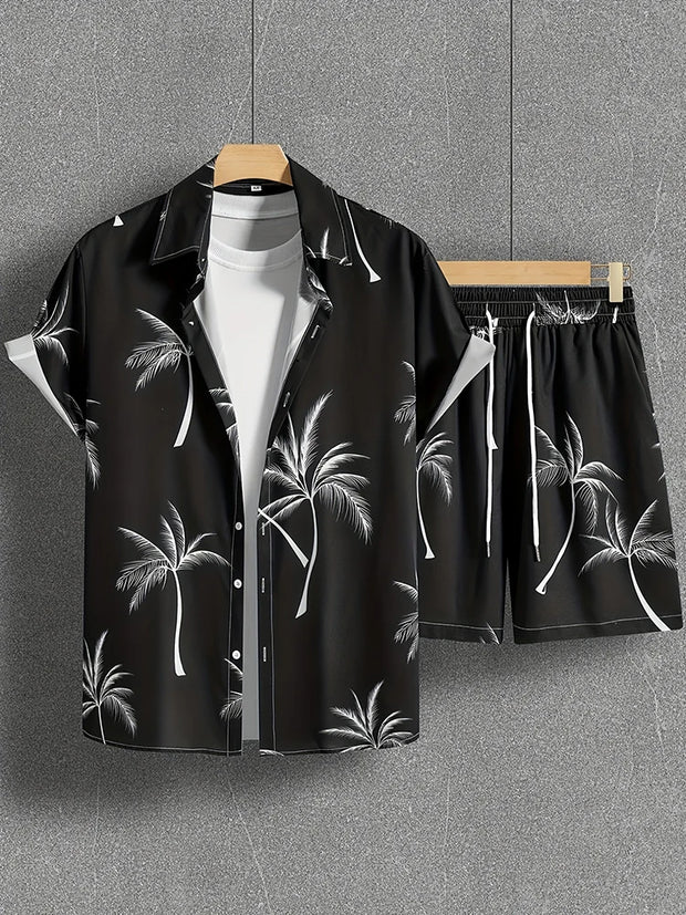 Coconut Tree Print Men's Short Sleeve Shirt And Beach Shorts Set Summer Everyday Men's Casual Shirt Hawaiian Style Men's Shorts