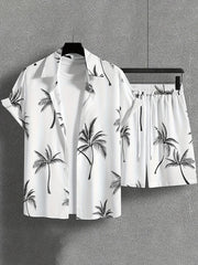 Coconut Tree Print Men's Short Sleeve Shirt And Beach Shorts Set Summer Everyday Men's Casual Shirt Hawaiian Style Men's Shorts